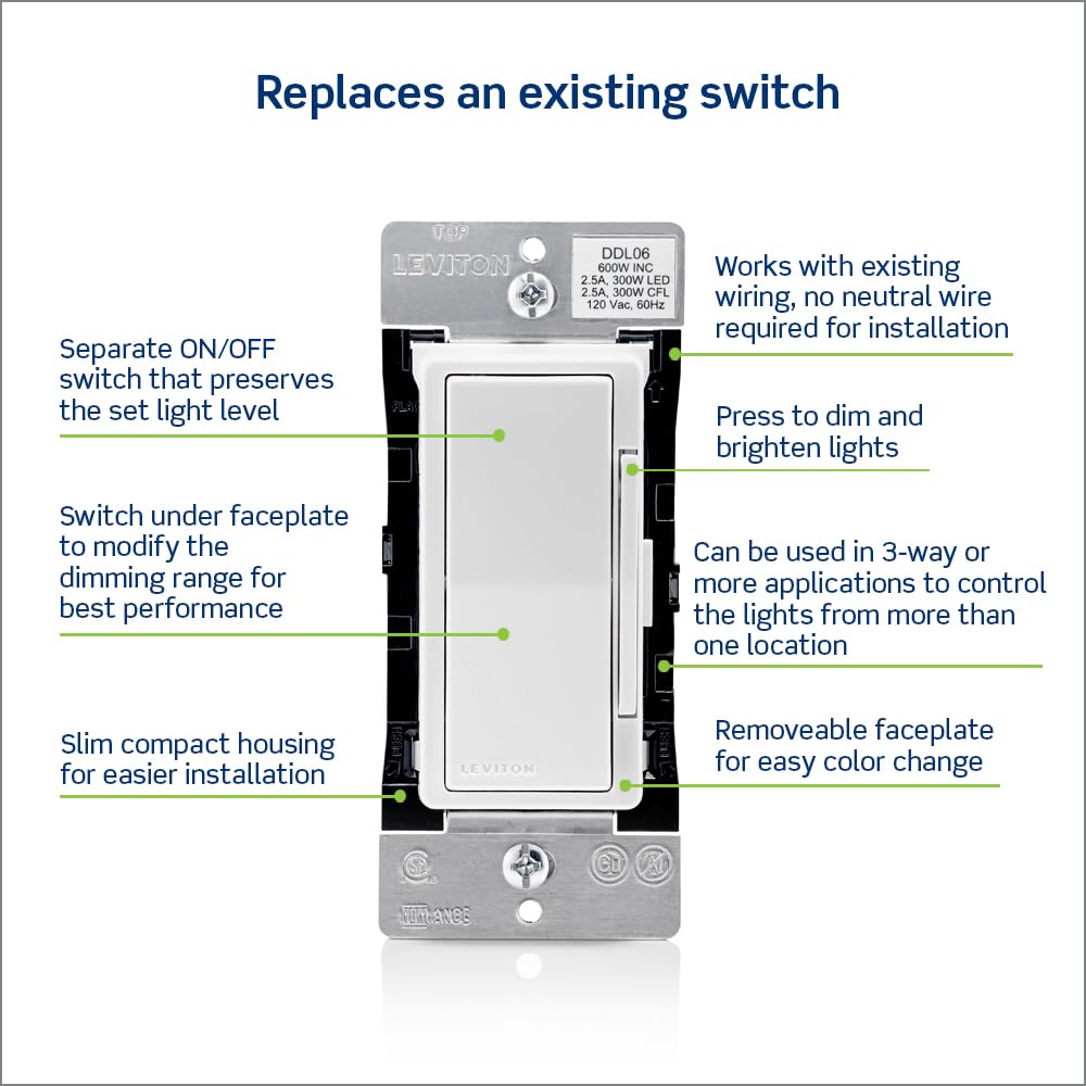 Leviton DDL06-1LZ Decora Digital Dimmer 300-Watt LED and CFL/600-Watt Incandescent and Halogen