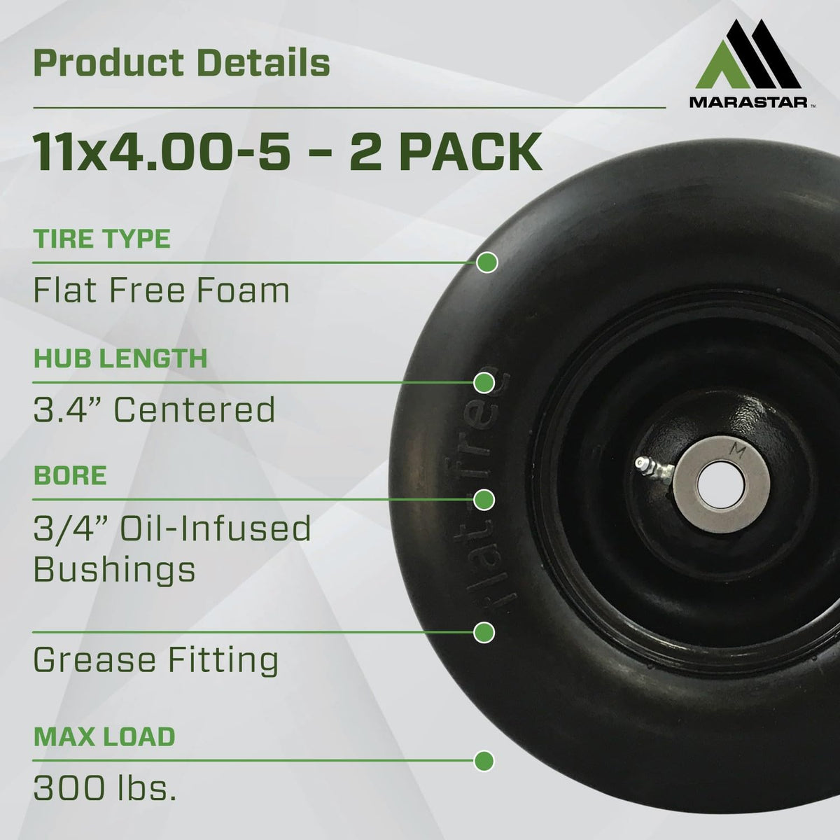 MARASTAR 00232-2PK - Montaje de neumático y Rueda de Ajuste Universal de 11 x 4.00-5, neumáticos de Repuesto para cortacésped de Giro Cero, Banda de Rodadura Suave, Kit Adaptador Incluido, Paquete de