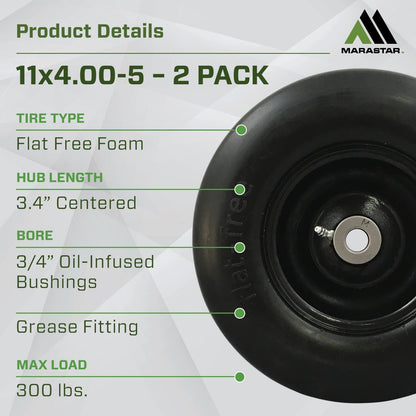 MARASTAR 00232-2PK - Montaje de neumático y Rueda de Ajuste Universal de 11 x 4.00-5, neumáticos de Repuesto para cortacésped de Giro Cero, Banda de Rodadura Suave, Kit Adaptador Incluido, Paquete de