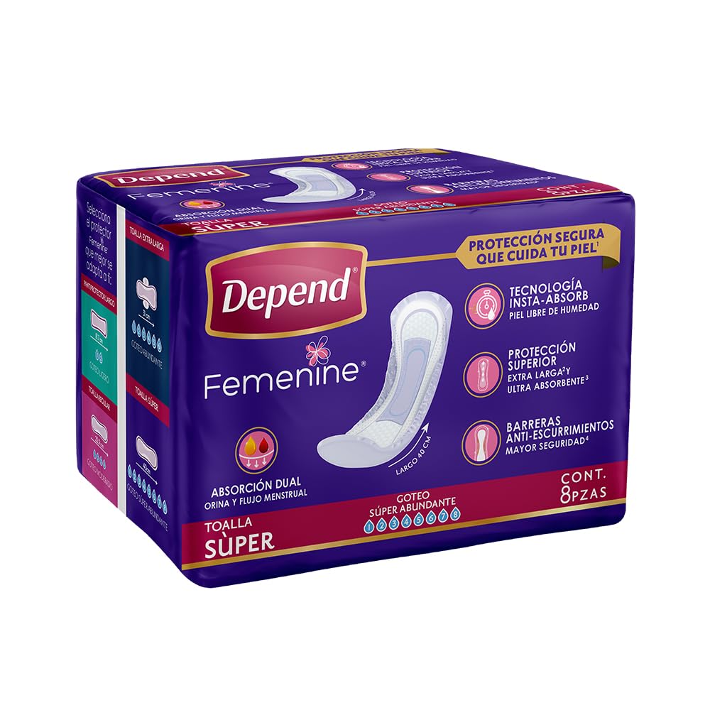Depend Femenine Toalla para Incontinencia Súper, Caja con 18 Paquetes de 8 Piezas (144 Piezas). Tecnología 2 en 1: absorbe orina y flujo menstrual