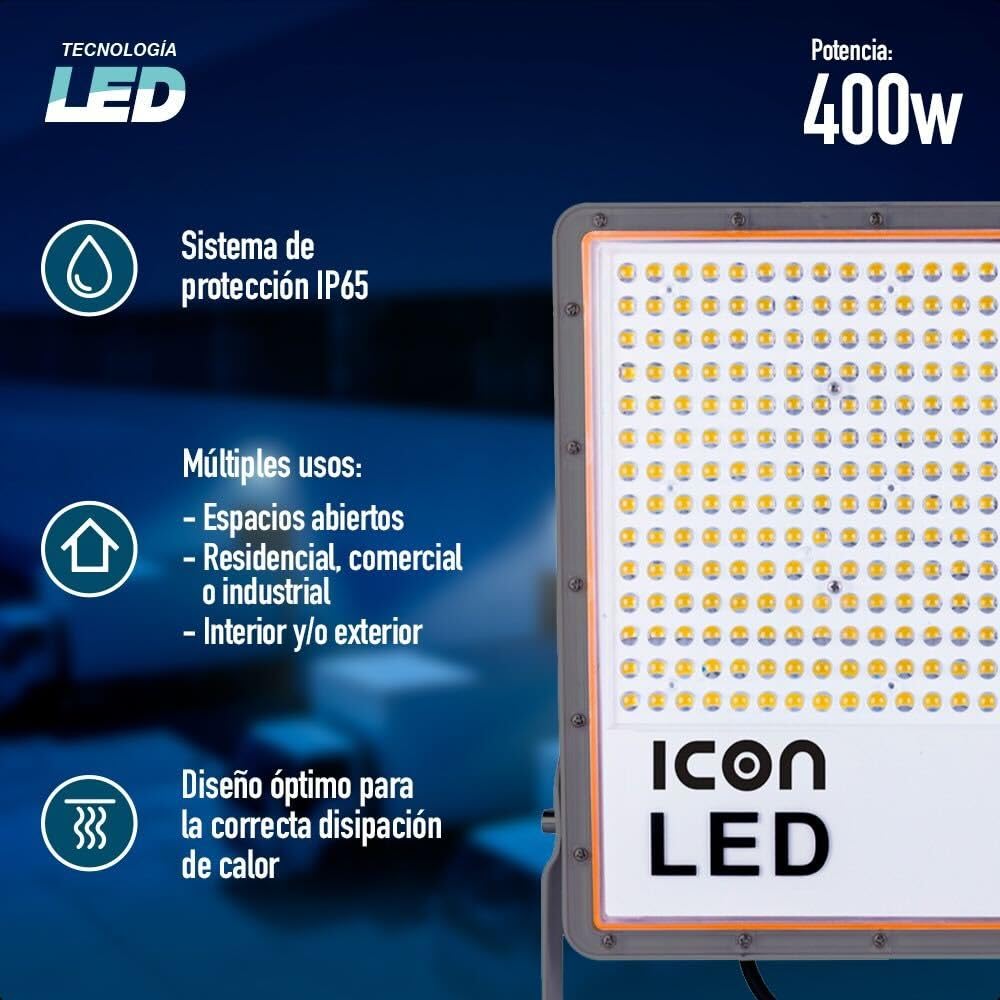 ICON Reflector LED 400W 5000K IP65 Negro | 48,000 lúmenes, 120 lm/W, aluminio con disipación térmica, IP65, supresor de picos 4kV