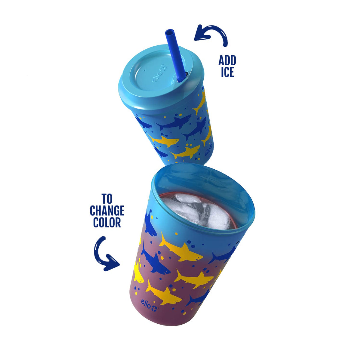 Ello Kids - Vasos de plástico reutilizables que cambian de color con tapas giratorias a prueba de salpicaduras y popote, sin BPA, apto para lavaplatos, 12 onzas, selva tropical, paquete de 4
