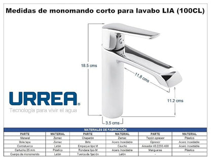 URREA 100CL Monomando Corto para Lavabo, Acabado Cromo