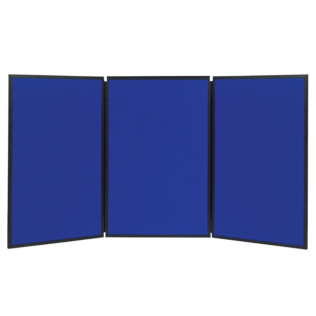 Tablero de anuncios de Cuarteto, tela, visualización de 3 paneles, 6 pies x 3 pies, de doble cara, superficie azul/gris, marco negro, exposición, show-It! (SB93513Q)