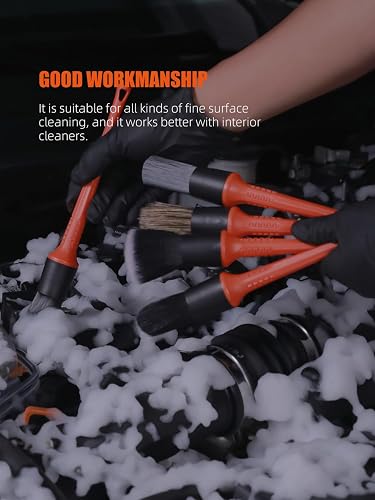 SPTA - Juego de 8 cepillos para Ruedas y neumáticos para Detalles de Automóvil, Cepillo para Polvo de Rueda y llanta, 5 cepillos para detallar, Cepillo para Polvo de Limpieza de Mango Corto, 1 paño de
