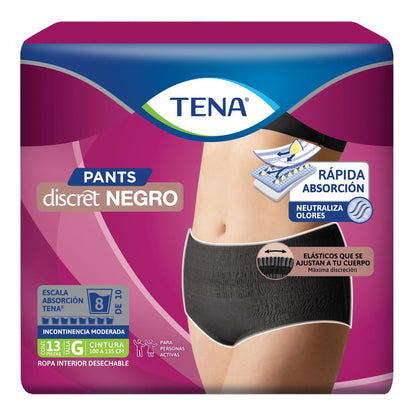 TENA Pants Discret Negro Talla G, Ropa interior desechable, 13 piezas