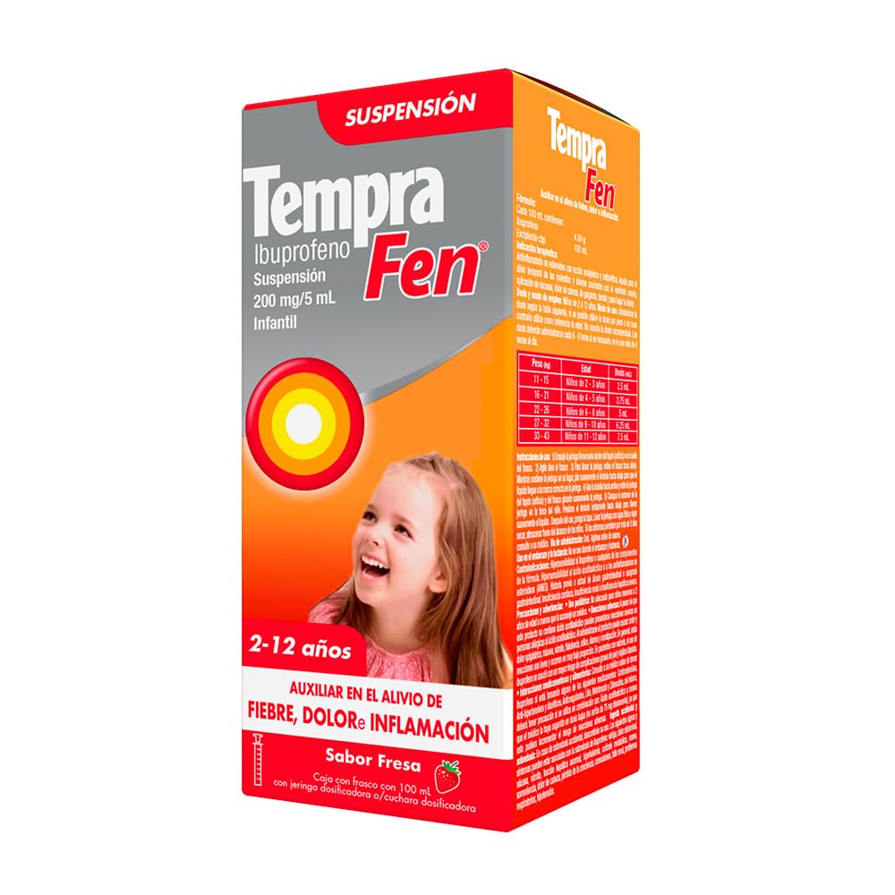 Tempra Fen Suspensión Infantil Fiebre, Dolor e Inflamación Sabor Fresa Ibuprofeno frasco con 100 ml