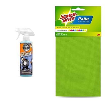 Chemical Guys TVD11316 - Pulverizador de neumáticos Extra Brillante (Funciona en Goma, Vinilo y plástico), 16 onzas + 3M Scotch-Brite Paño Microfibra de Colores