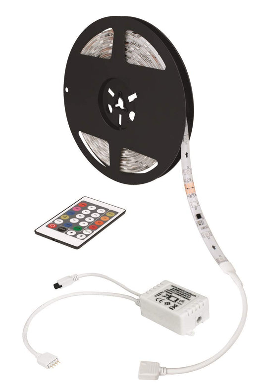 TIRA LED AKSI SMD 5050 MULTICOLOR RGB. Potencia 24W, 5 mts, 60 LED/mt, Para exteriores e interiores IPX6. Incluye Control Remoto y transformador emoto y transformador (24 W x 5 m)
