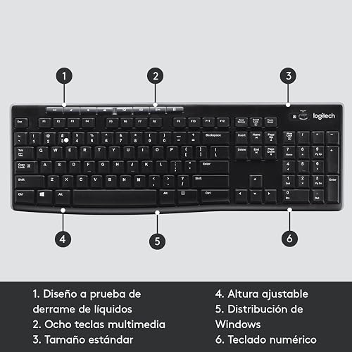 Logitech K270 Teclado Inalámbrico para Windows, Tecnología Inalámbrica 2.4 GHz, Tamaño Normal, Teclado Numérico, 8 Teclas Multimedia, Batería 2 Años, Compatible con PC, Laptop - Negro