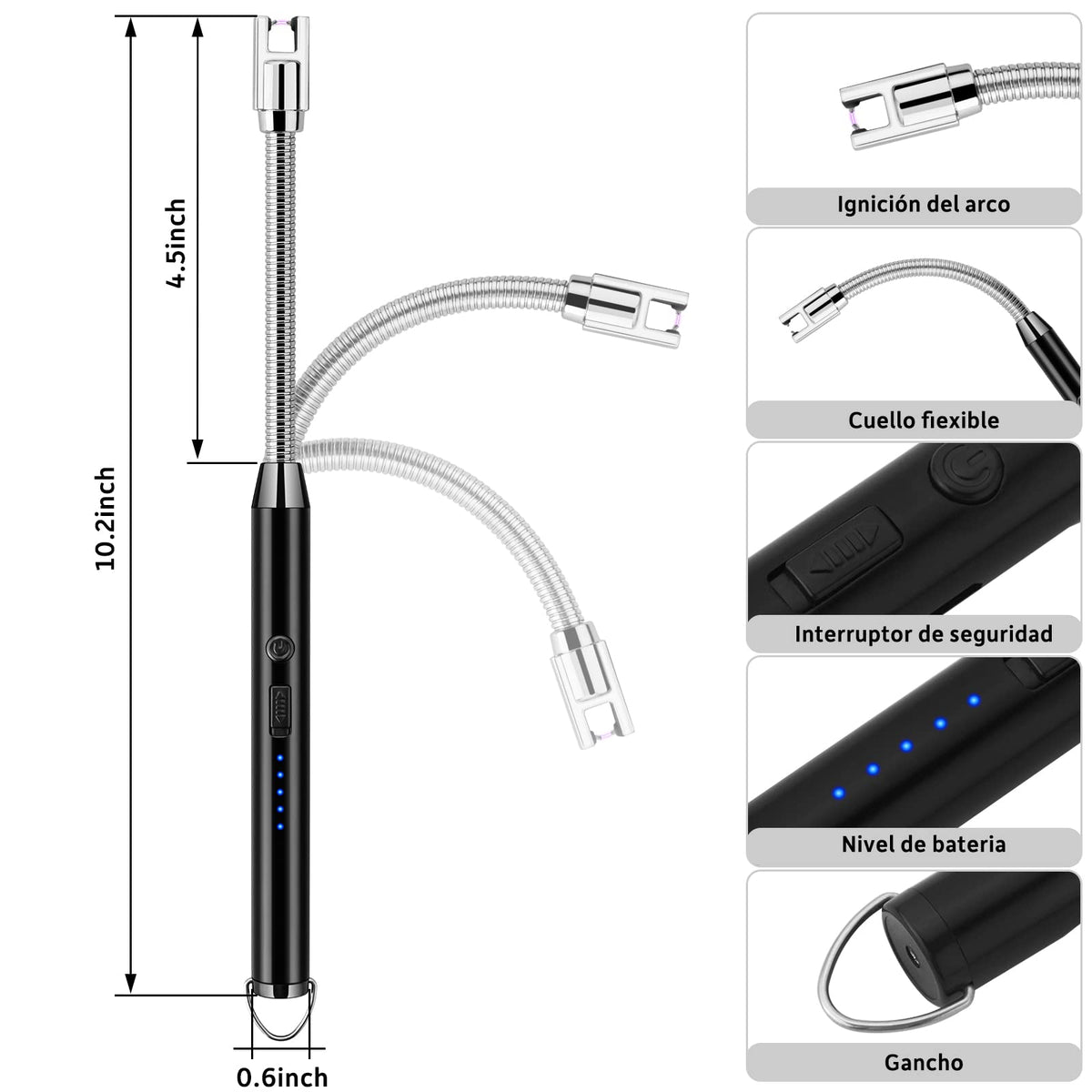 Encendedor Electrónico, Encendedor Electrico Recargable con Indicador de Batería, Encendedor Arco Eléctricos para Encender Velas, Gas, Barbacoa, Cocina y Fuegos Artificiales, Apagado Inteligente
