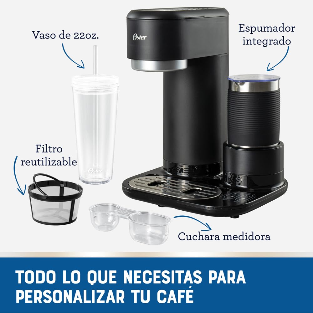 Oster® Cafetera Frappé 4 en 1, con espumador, para Café Helado, Granizado o Caliente, Negro, BVSTDC02B