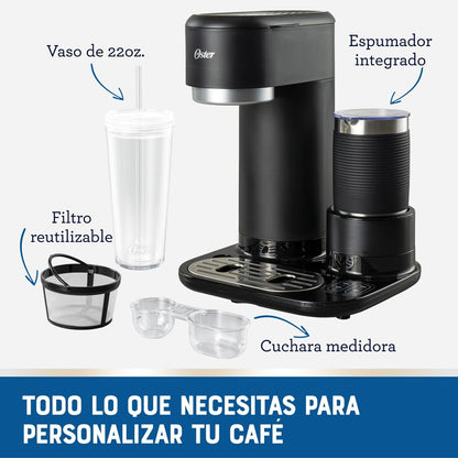 Oster® Cafetera Frappé 4 en 1, con espumador, para Café Helado, Granizado o Caliente, Negro, BVSTDC02B