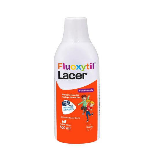 Fluoxytil Lacer, Enjuague Bucal Diario, sabor fresa, Nueva Fórmula, 500 ml