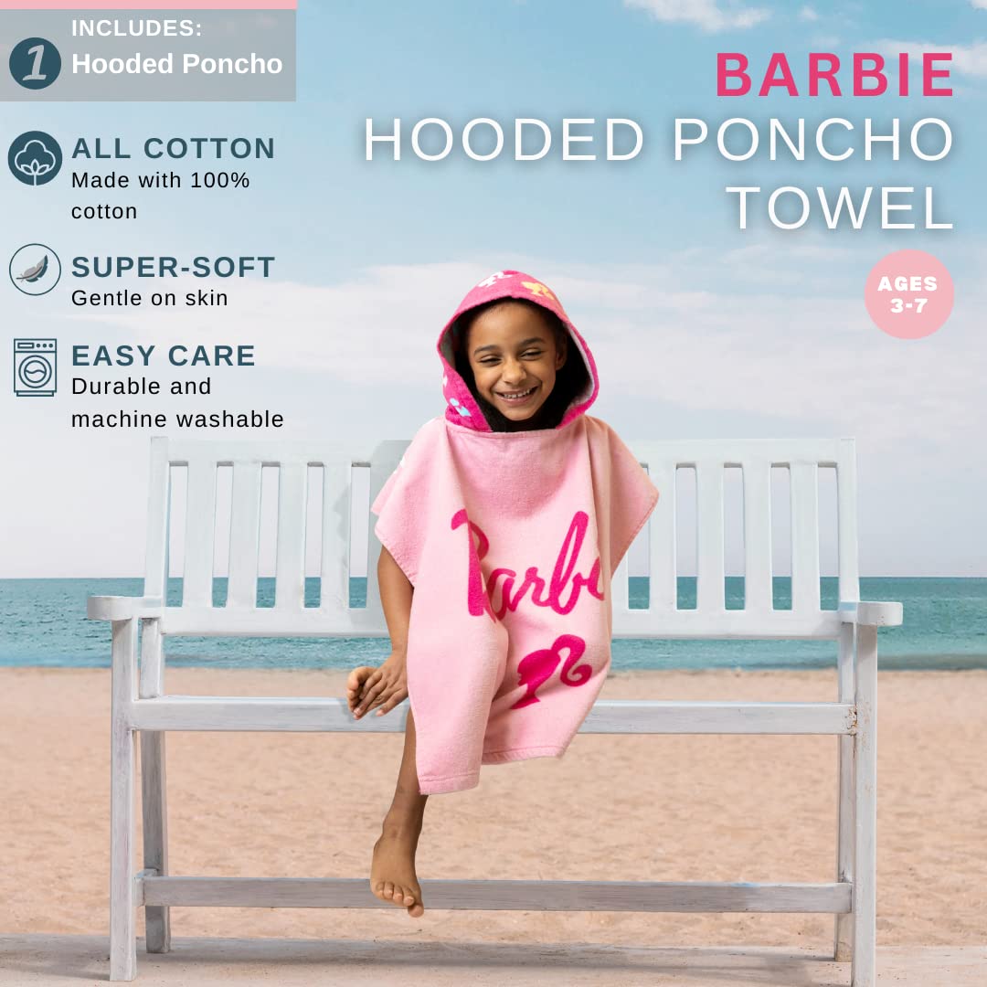 Franco Barbie - Poncho de Toalla con Capucha para niños, Playa, Piscina, baño, Campamento, 24 x 22 Pulgadas, Cubierta de algodón Absorbente, (Producto 100% Oficial de Barbie), Talla L