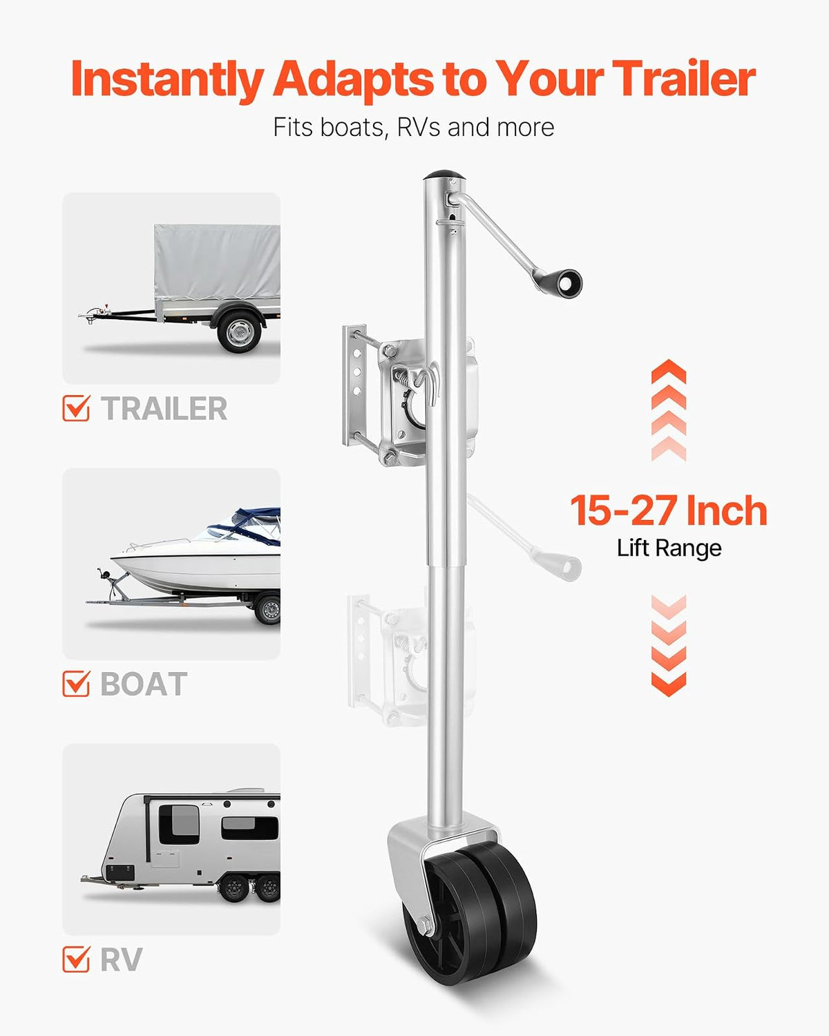 VEVOR Gato de Remolque con Rueda, Capacidad de Carga de 907 kg, con Rueda de PP y Mango Ergonómico, Rango de Elevación de 381-685 mm, Giratorio de 90°, para Autocaravanas, Barcos, Remolques