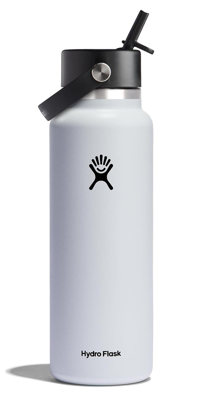 Hydro Flask - Botella de agua de acero inoxidable aislada, tapa flexible de boca ancha, antiderrames, a prueba de fugas y recargable, color blanco de 40 onzas