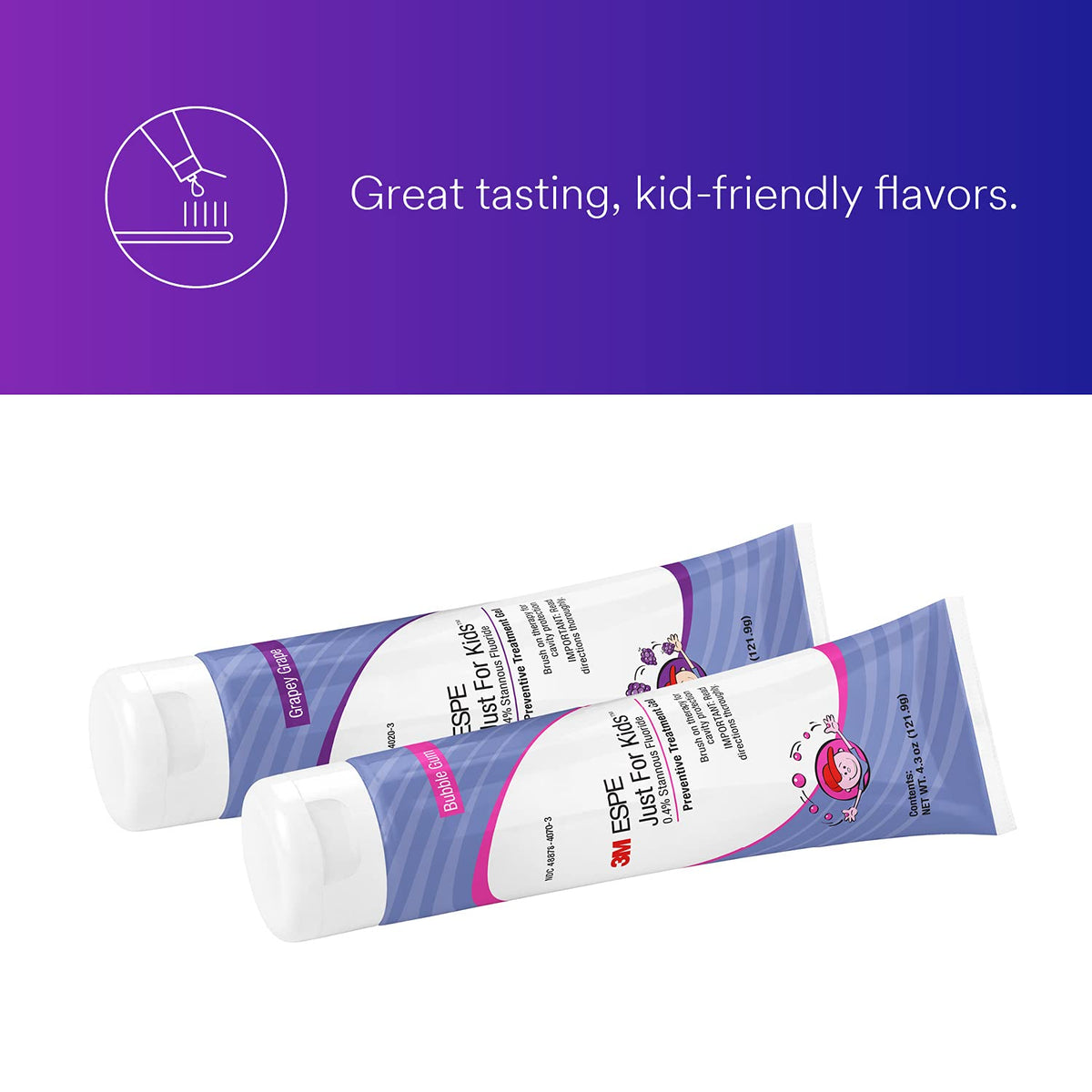 3M ESPE Just For Kids Gel Dental 12107G | Fluoruro estannoso 0.4%, sabor uva, 4.3 oz, recarga, aplicación con pincel