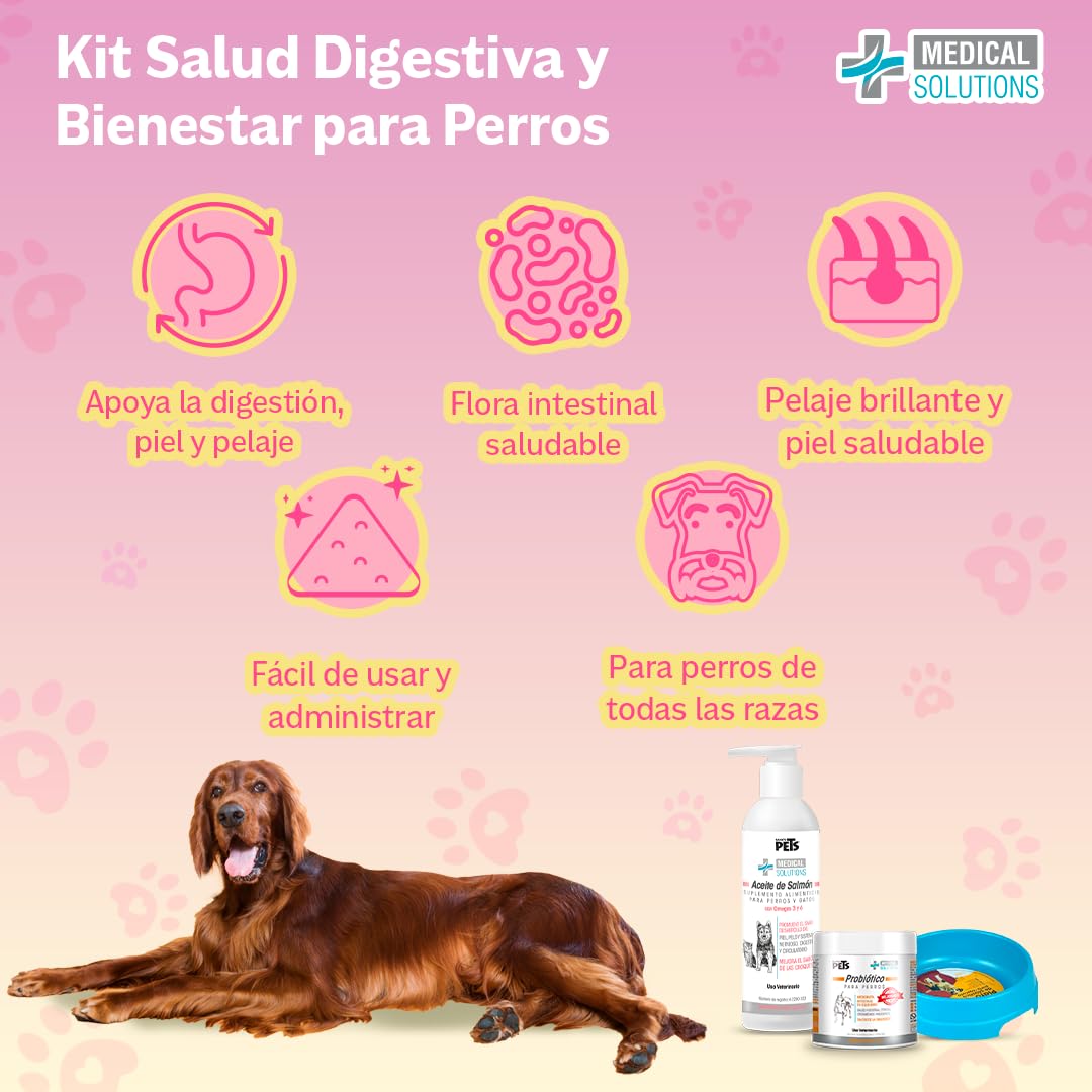 Lomas Medical Solutions Kit Salud Digestiva y Bienestar para Perros Aceite de Salmón Omega 3 + Probiótico + Plato 16 oz (Colores Surtidos)