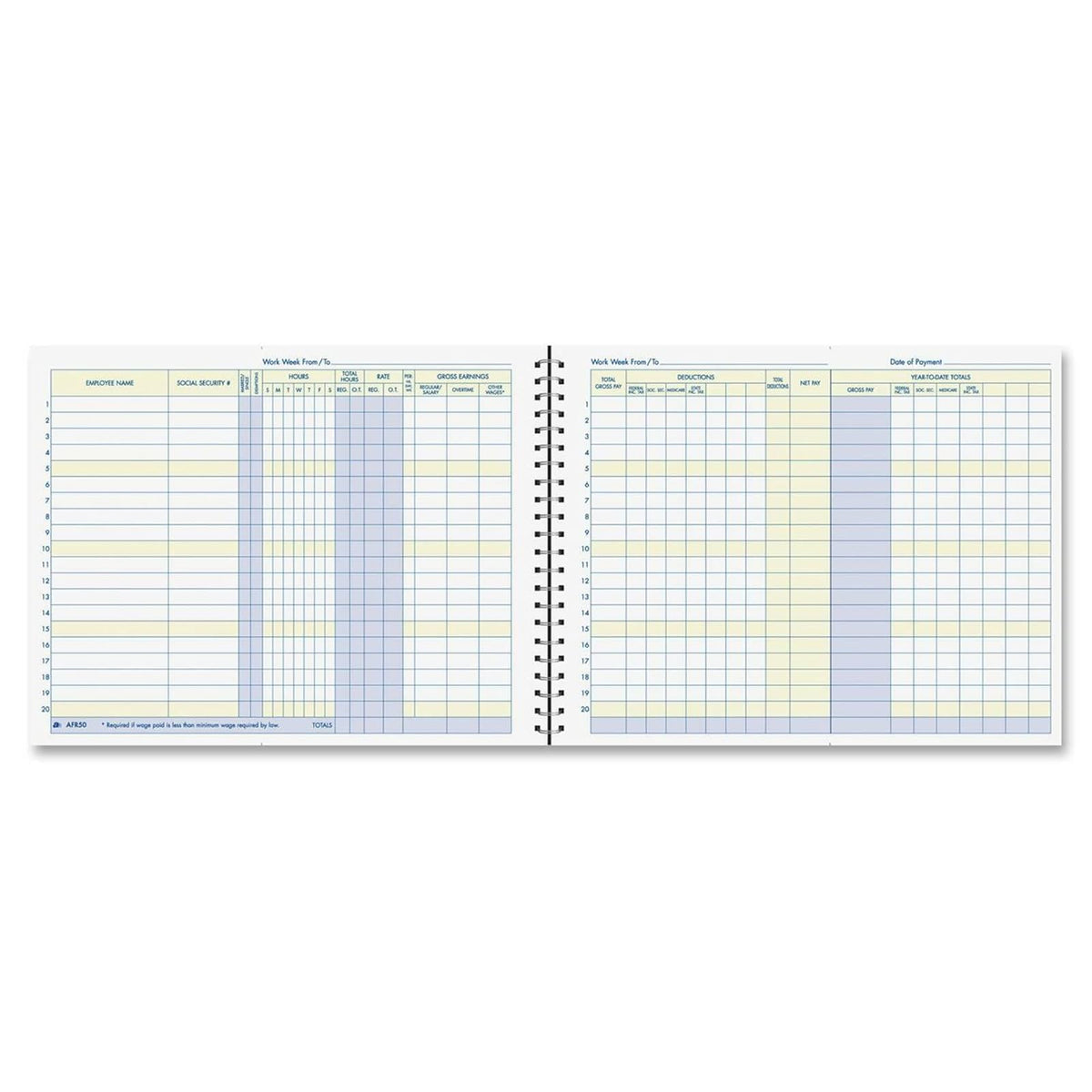 Adams Weekly Payroll Record, capacidad de 20 empleados, encuadernación en espiral, 11 x 8.5 pulgadas, blanco, (AFR50)