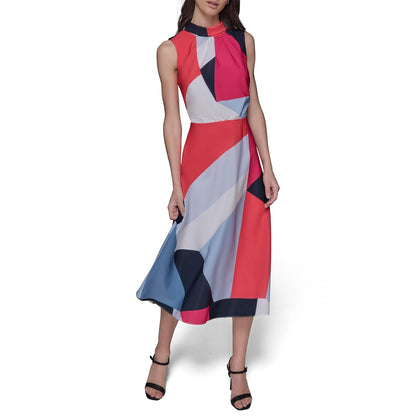 KARL LAGERFELD Mock Neck Patterned Contrasting Colors Midi Dress Vestido Mujer