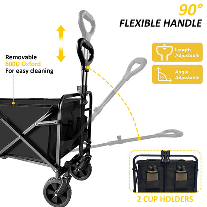 Carro Plegable Plegable con Ruedas Todo Terreno, Carro Resistente al Aire última intervensión con asa Ajustable, Carrito de Gran Capacidad para Camping, Playa, Deportes y Compras, Color Negro