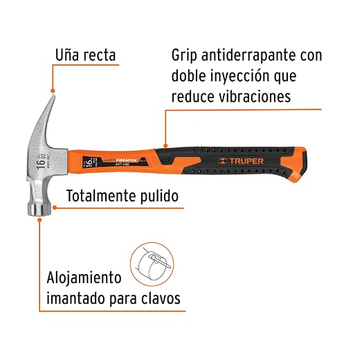 Truper MAR-16F, Martillo de uña recta, 16 oz, mango fibra de vidrio