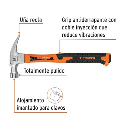 Truper MAR-16F, Martillo de uña recta, 16 oz, mango fibra de vidrio
