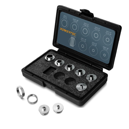 POWERTEC - Juego de 10 guías de bujes de plantilla sólida para enrutador de 5/16 a 1 pulgada con funda de transporte moldeada. Se adapta a todas las subbases de enrutador estilo cable Porter. Perfecto