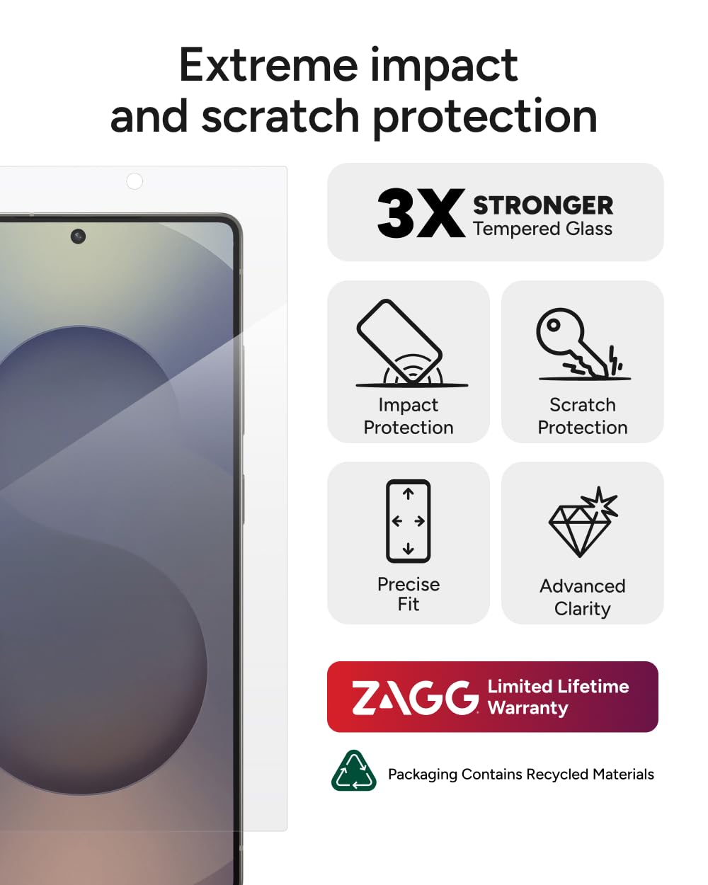 Zagg Glass+ Protector de Pantalla Samsung Galaxy S25 Ultra | Vidrio brillante, resistente a arañazos, 1 pieza, protección 3x más fuerte