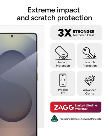 Zagg Glass+ Protector de Pantalla Samsung Galaxy S25 Ultra | Vidrio brillante, resistente a arañazos, 1 pieza, protección 3x más fuerte