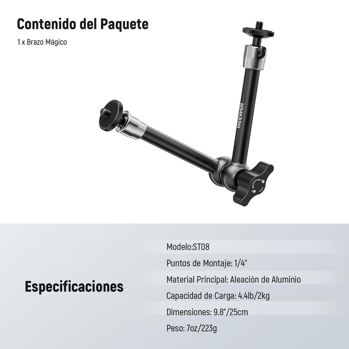 NEEWER Brazo Mágico 9,8"/25cm, Brazo Articulado de Fricción Aleación de Aluminio con Tornillos 1/4" y Cabezales de Bola 360° para Jaula de Cámara, Monitor, Luz Video LED, Flash, Cámara de Acción,ST08