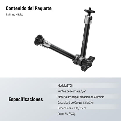 NEEWER Brazo Mágico 9,8"/25cm, Brazo Articulado de Fricción Aleación de Aluminio con Tornillos 1/4" y Cabezales de Bola 360° para Jaula de Cámara, Monitor, Luz Video LED, Flash, Cámara de Acción,ST08