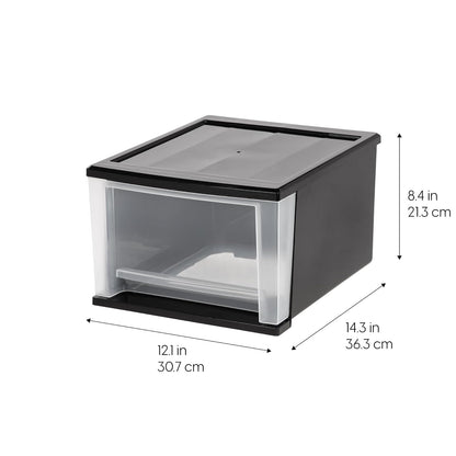 IRIS USA 16 L Cajón Apilable de Plástico Mediano, Paquete de 4, Organizadora con Cajón Deslizante para Cocina, Bajo Fregadero, Despensa, Cuarto de Manualidades, Dormitorio, Oficina, Negro