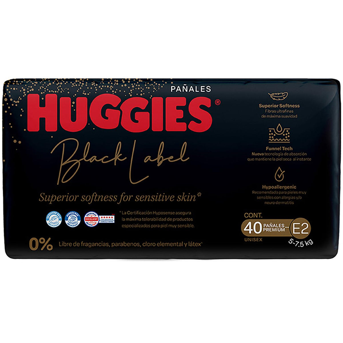 Huggies Black Label Pañales Desechables Premium, Etapa 2 Unisex, Bolsa con 40 piezas, Ideal para bebés de 5 a 7.7 kg