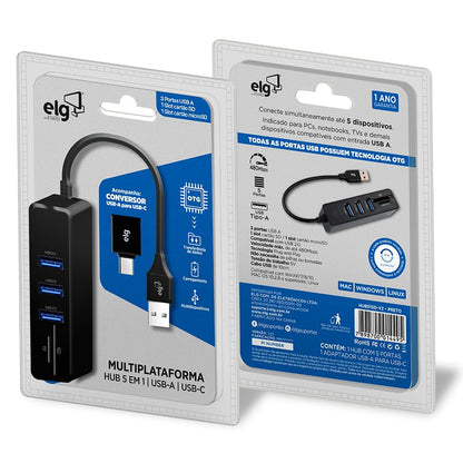 ELG Adaptador HUB USB 5 en 1 con 3 Puertos USB-A, 1 Lector de Tarjetas Mini SD y 1 Lector de Tarjetas Micro SD, Fabricado en ABS de Alta Resistencia, Color Negro, HUB51SD-V2