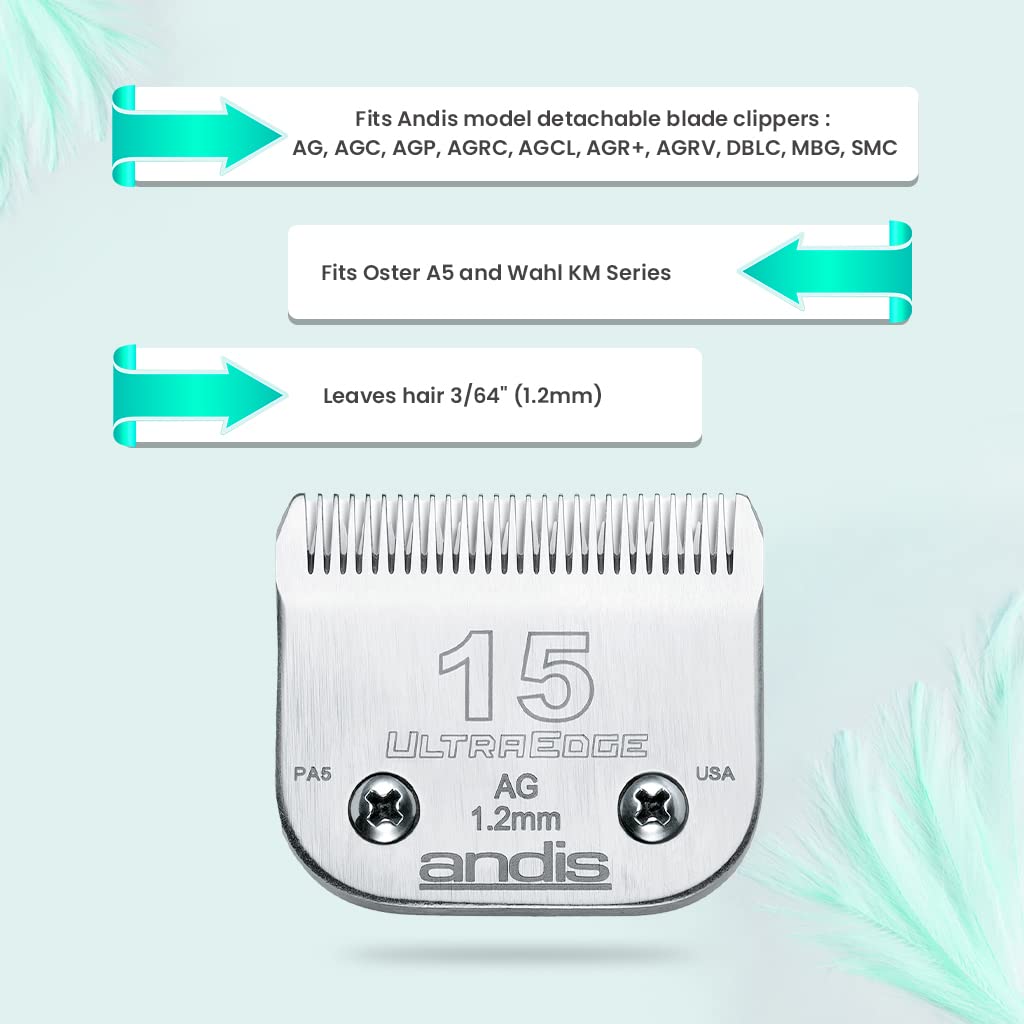 Andis Carbon-Infused Steel UltraEdge Dog Clipper Blade, Size-15, 3/64-Inch Cut Length (64072)