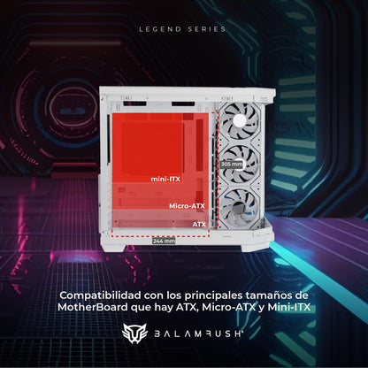 Balam Rush Gabinete Gamer Media Torre Tank Master 9600 TB/MAX MB ATX/GPU 410 mm/USB C + USB 3.0 + USB + Audio + 4xFan ARGB/Paneles de Cristal/Legend (Blanco)