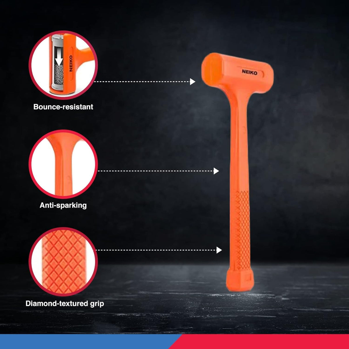 Neiko Martillo Muerto 4 lbs 02849A | Naranja neón, cuerpo moldeado, agarre a cuadros, resistente a chispas y rebote