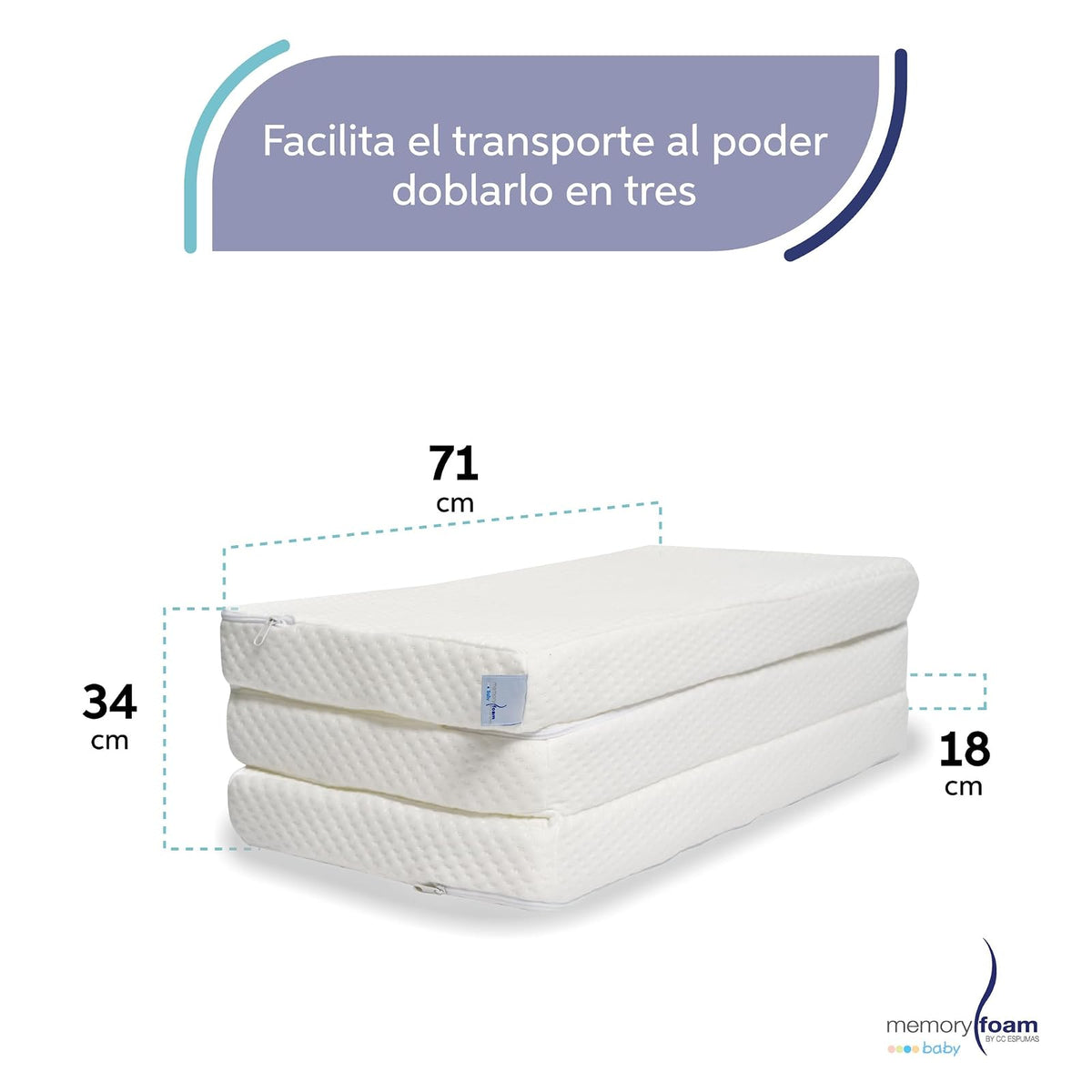 MEMORY FOAM BABY | Colchón de Cuna de Bebé Para Viaje Plegable - Firmeza Media - Blanco - 102 x 71 x 6 cm - Hecho de Espuma de Poliuretano