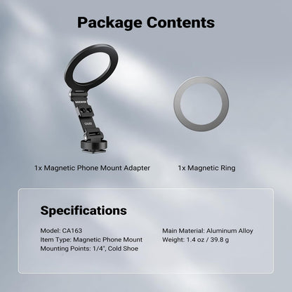 NEEWER Magnetic Tripod Phone Mount Cold Shoe Adapter,Alumnio Compacto Ligero Portátil Soporte Móvil Trípode Accesorio para Cámara, Compatible con MagSafe iPhone Samsung Android Grabación Vídeo, CA163