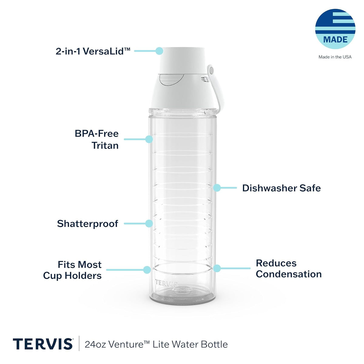 Tervis Venture Lite - Vaso aislado de doble pared transparente y colorido, fabricado en Estados Unidos, taza de viaje que mantiene las bebidas frías y calientes, botella de agua de 24 onzas, tapa