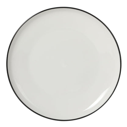 Gibson Home Havenstone - Juego de vajilla de porcelana de 12 piezas, platos de cena, platos de ensalada y cuencos, clásico blanco con borde negro, apto para el hogar, cocina, microondas y lavaplatos