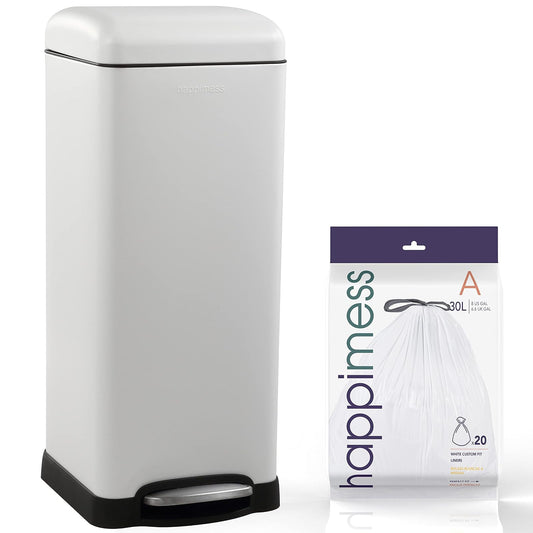 happimess HPM1007A Betty Retro Bote de basura con tapa de cierre suave, resistente a las huellas dactilares, moderno, minimalista para el hogar, cocina, lavadero, oficina, recámara, baño, blanco