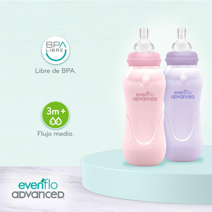 Evenflo Advanced Biberón Anticólicos, Cuello Estándar, Rosa/Morado, Silicón Libre de BPA, Flujo Medio, 240ml, 3+ Meses, 2 Piezas