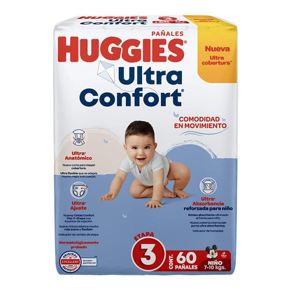 Huggies UltraConfort Pañal Desechable para Bebé, Etapa 3, Niño, Caja con 180 Piezas, Ideal para Bebés de 7 a 10 kg