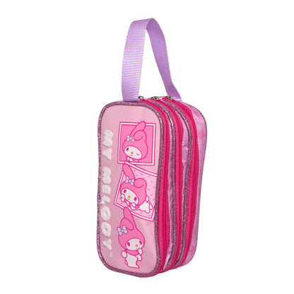 Ruz Lapicera Triple Infantil | My Melody | 100% Poliéster | Medidas 23 x 10 x 8 cm | Estuche Escolar para niñas con Tres Compartimentos y Práctico Cierre de Cremallera para Útiles