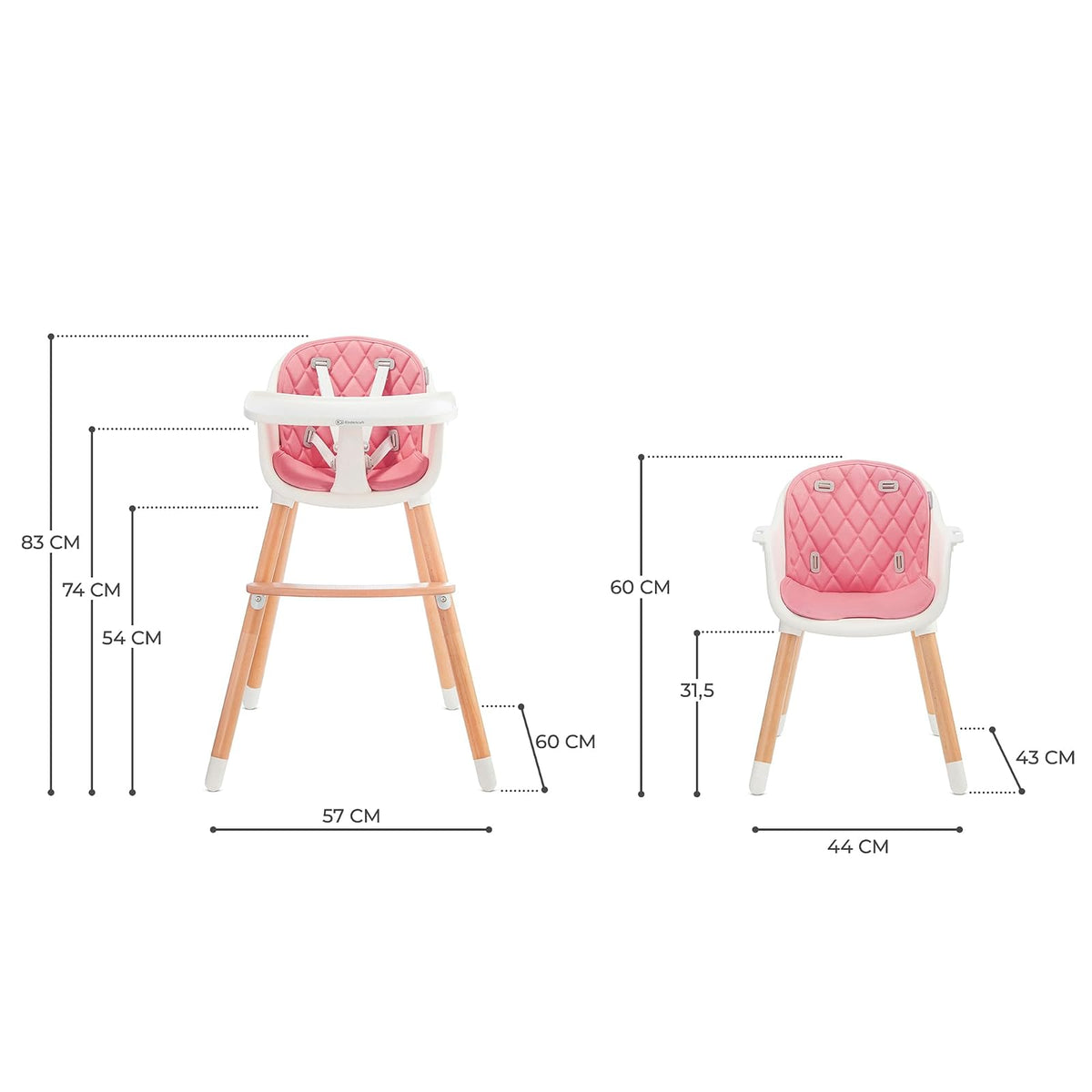 Kinderkraft SIENNA Silla alta, Periquera, Trona bebé, Portatil, Ergonómica, Fácil de limpiar, Patas de Madera, Bandeja Extraíble, para niños, 6 Meses - 5 años, Rosa