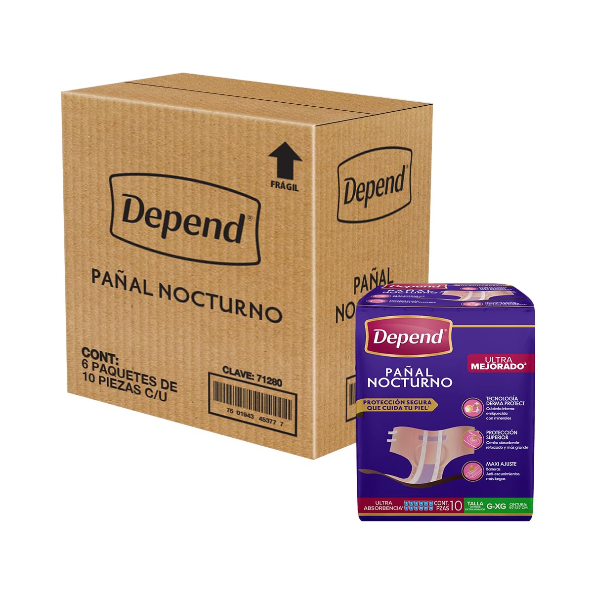 Depend Pañal Nocturno para Incontinencia, Talla Grande, Unisex, Caja con 6 Paquetes de 10 Piezas (60 pañales), ideal para descargas abundantes