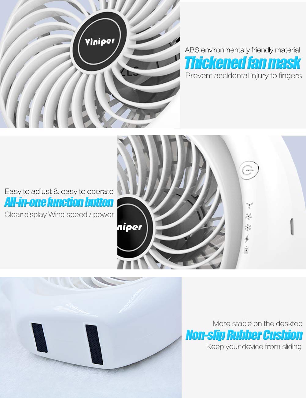 Viniper Ventilador recargable portátil, ventilador de computadora pequeño: 3 velocidades y aproximadamente 8-24 horas de trabajo más largo, rotación 180, ventilador de computadora portátil, pequeño